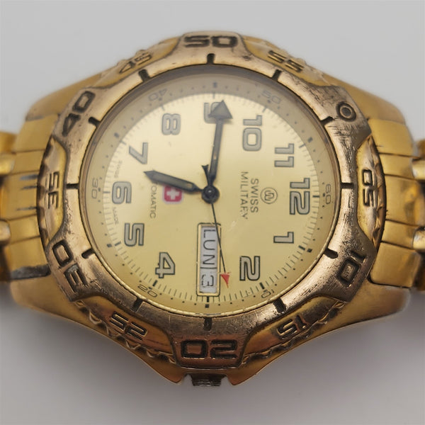 PROJECT TO FIX SWISS MILITARY ARABIC DIAL AUTO GOLD MENS DAY DATE WATCH EU SHIP