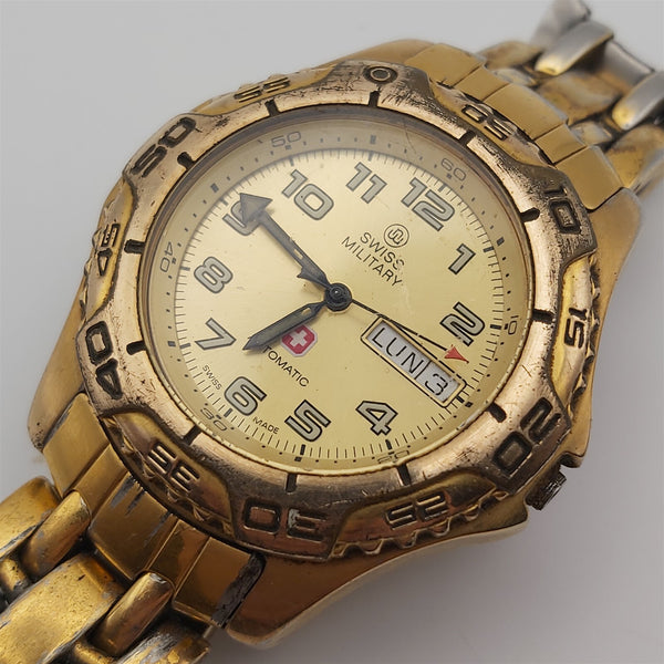 PROJECT TO FIX SWISS MILITARY ARABIC DIAL AUTO GOLD MENS DAY DATE WATCH EU SHIP