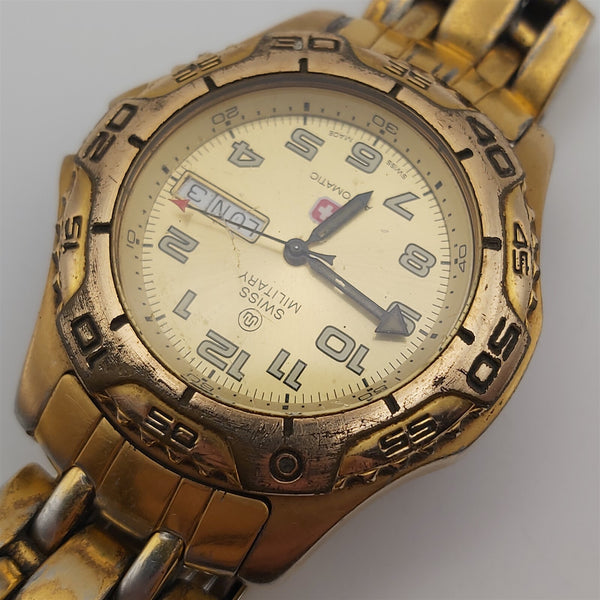 PROJECT TO FIX SWISS MILITARY ARABIC DIAL AUTO GOLD MENS DAY DATE WATCH EU SHIP