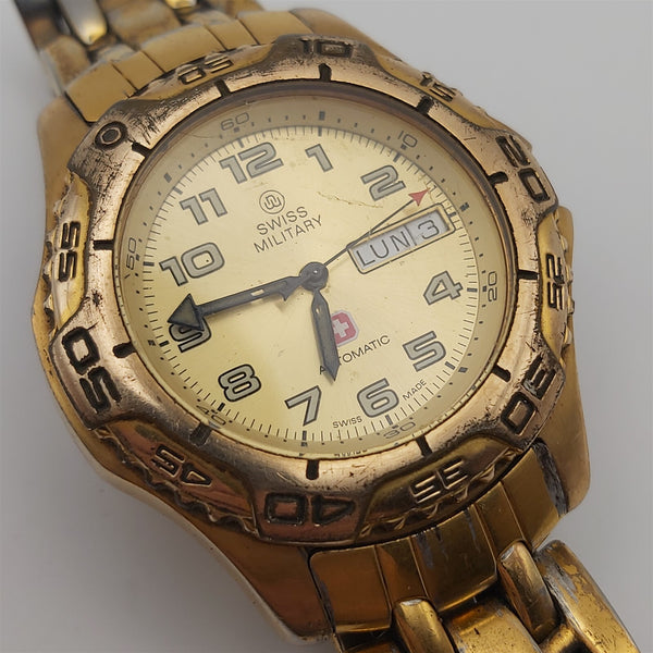 PROJECT TO FIX SWISS MILITARY ARABIC DIAL AUTO GOLD MENS DAY DATE WATCH EU SHIP