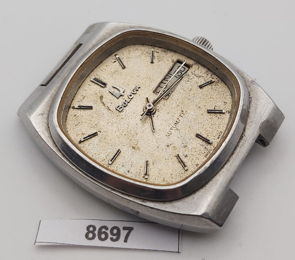 PROJECT TO FIX BULOVA SILVER DIAL CUSHION AUTOMATIC DAY DATE SS MENS WATCH B8697