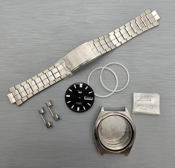 NEW AF SEIKO SPORTS 7S26 0450 BLACK DIAL KIT CASE BEZEL GLASS CROWN DIAL HANDS