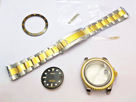 NEW AF SEIKO LEX GMT BLACK SS GOLD KIT CASE BEZEL GLASS CROWN STRAP DIAL HAND