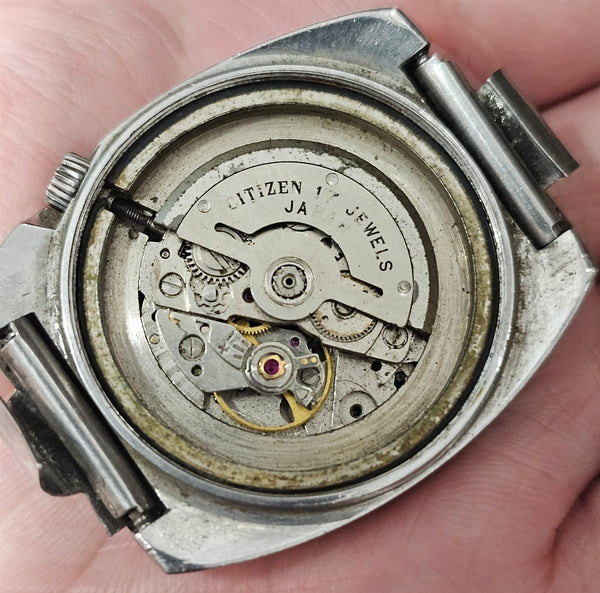 PROJECT TO FIX CITIZEN CUSHION SHAPED AUTOMATIC HOODED STEEL DATE WATCH 9432