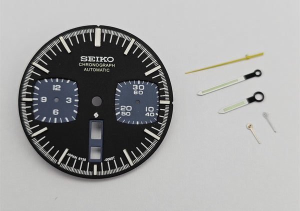 NEW SEIKO BLACK DIAL & HANDS KIT 6138-0040 BLACK BULLHEAD CHRONO WATCH BVT06386