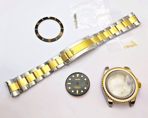 NEW AF SEIKO LEX SUBMARINE BLK GOLD SS KIT CASE BEZEL GLASS CROWN STRAP DIAL HND