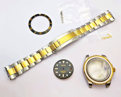 NEW AF SEIKO LEX SUBMARINE BLK GOLD SS KIT CASE BEZEL GLASS CROWN STRAP DIAL HND