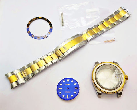 NEW AF SEIKO LEX GMT BLUE GOLD SS KIT CASE BEZEL GLASS CROWN STRAP DIAL HAND