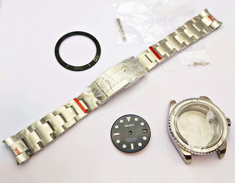 NEW AF SEIKO LEX YACHTMASTER BLACK KIT CASE BEZEL GLASS CROWN STRAP DIAL HAND