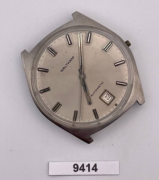 PROJECT TO FIX WALTHAM SILVER DIAL AUTO BOTTOM DATE EU SHIP SS MENS WATCH 9414