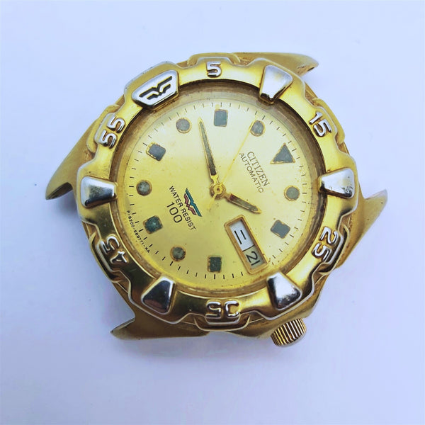 PROJECT FIX CITIZEN MIDSIZE SEE THRU BACK GOLD AUTO DAY DATE WATCH