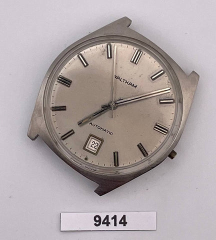 PROJECT TO FIX WALTHAM SILVER DIAL AUTO BOTTOM DATE EU SHIP SS MENS WATCH 9414