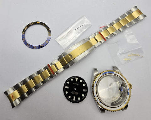 NEW AF SEIKO LEX GMT BLUE BLACK SS GOLD KIT CASE BEZEL GLASS CROWN STRAP DIAL 