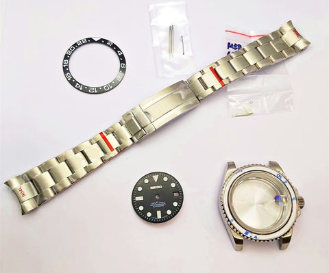 NEW AF SEIKO LEX GMT BLACK KIT CASE BEZEL GLASS CROWN STRAP DIAL HAND EU SHIP