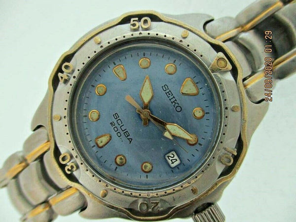 02' SEIKO 7N35 6030 MIDSIZE SCUBA GOLD SS DATE 250837 DIVE QUARTZ SERVICED WATCH