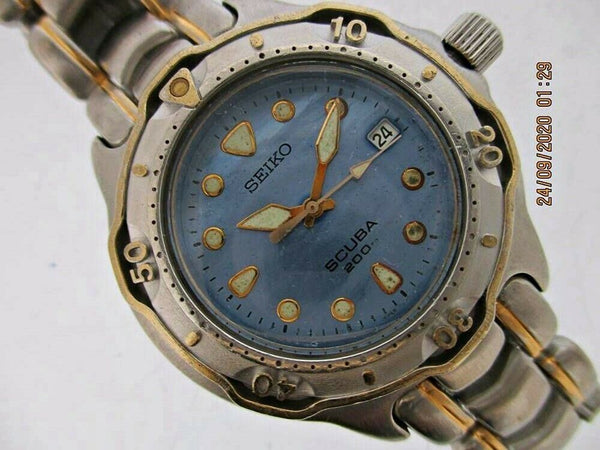 02' SEIKO 7N35 6030 MIDSIZE SCUBA GOLD SS DATE 250837 DIVE QUARTZ SERVICED WATCH