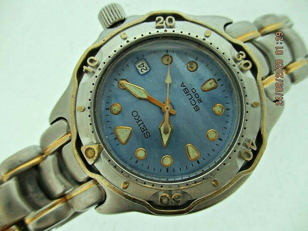 02' SEIKO 7N35 6030 MIDSIZE SCUBA GOLD SS DATE 250837 DIVE QUARTZ SERVICED WATCH