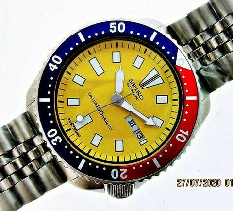 85' SEIKO 6309 7290 SS MENS DATE 500389 PEPSI YELLOW EU SHIP SERVICED WATCH NR