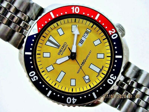 85' SEIKO 6309 7290 SS MENS DATE 500389 PEPSI YELLOW EU SHIP SERVICED WATCH NR