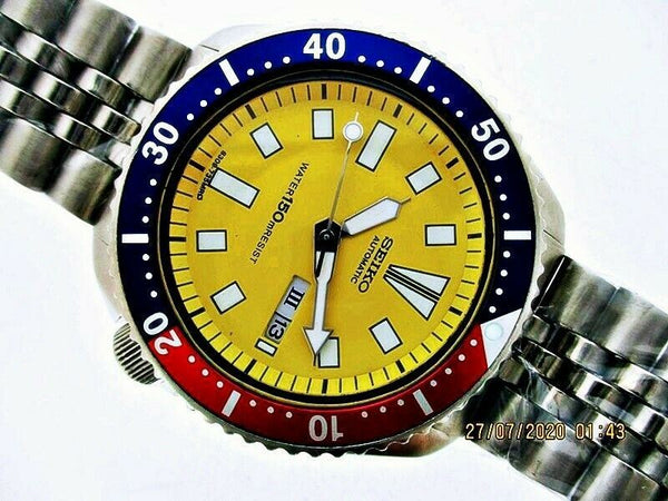 85' SEIKO 6309 7290 SS MENS DATE 500389 PEPSI YELLOW EU SHIP SERVICED WATCH NR