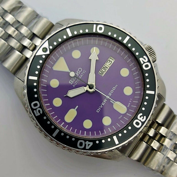 05' SEIKO 7S26 0020 SKX007 MENS PURPLE BLACK DAY DATE 5n0961EU SHIP SRVCD WATCH