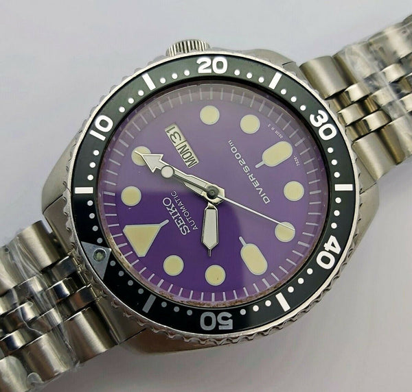 05' SEIKO 7S26 0020 SKX007 MENS PURPLE BLACK DAY DATE 5n0961EU SHIP SRVCD WATCH