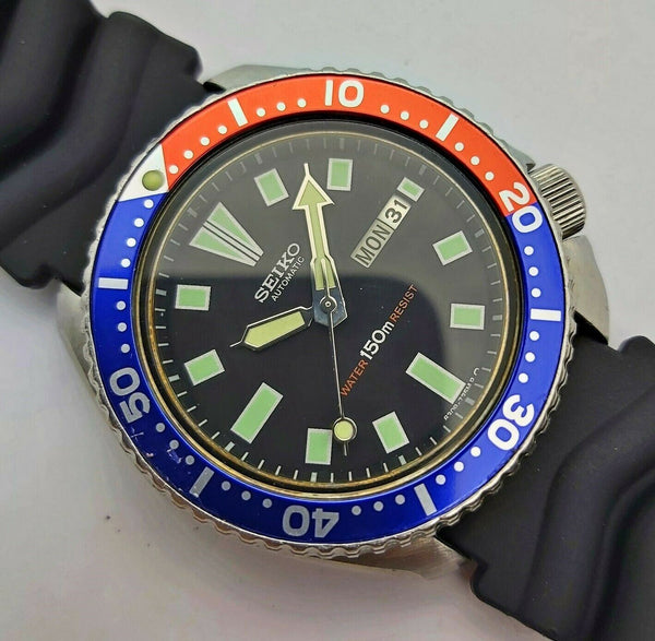 84' SEIKO 6309 7290 SS MENS DATE DIVE 4d1703 AUTO PEPSI SERVICED WATCH EU SHIP