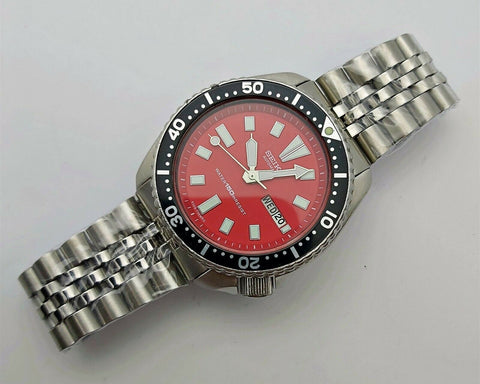 84' SEIKO 6309 7290 SS MENS DATE 400038 AUTO BLACK RED SERVICED WATCH EU SHIP