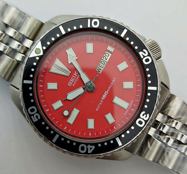 84' SEIKO 6309 7290 SS MENS DATE 400038 AUTO BLACK RED SERVICED WATCH EU SHIP