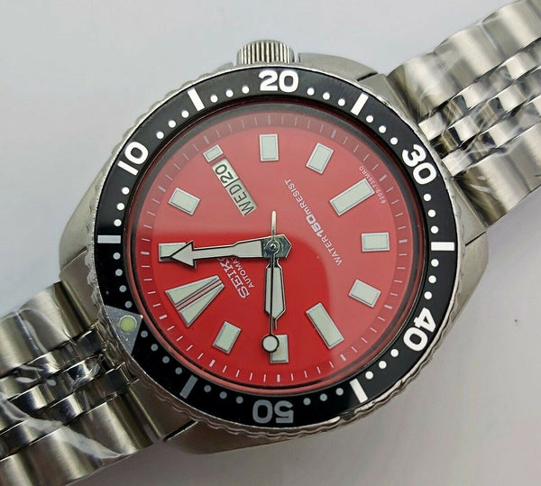 84' SEIKO 6309 7290 SS MENS DATE 400038 AUTO BLACK RED SERVICED WATCH EU SHIP