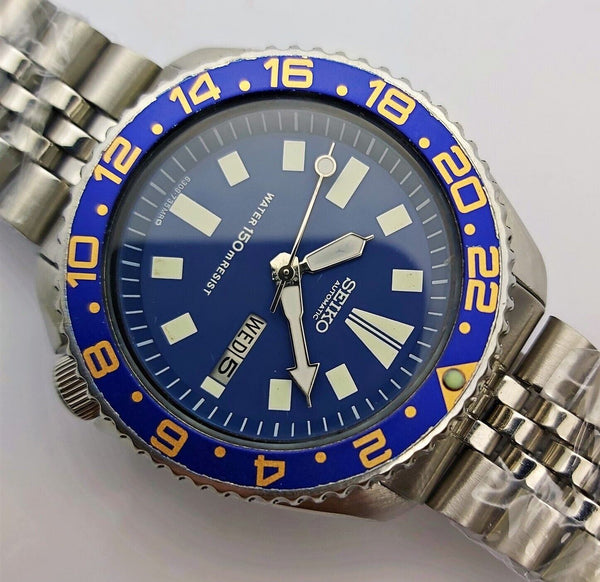 85' SEIKO 6309 7290 SS MENS AUTO BLUE PADI GMT 5D6500 SERVICED WATCH EU SHIP