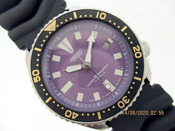 PROJECT FIX 94' SEIKO 7002 7000 SS MENS DATE DIVE #4n1831 PURPLE BLACK WATCH NR