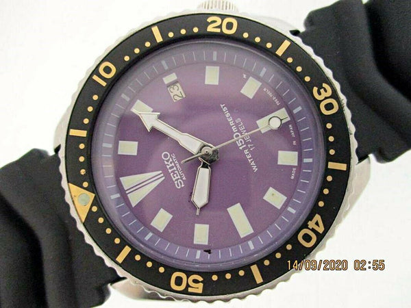 PROJECT FIX 94' SEIKO 7002 7000 SS MENS DATE DIVE #4n1831 PURPLE BLACK WATCH NR
