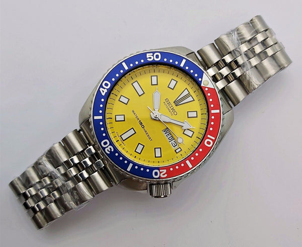 87' SEIKO 6309 7290 SS MENS DATE 724848 YELLOW PEPSI EU SHIP SERVICED WATCH NR