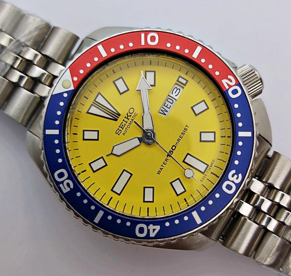 87' SEIKO 6309 7290 SS MENS DATE 724848 YELLOW PEPSI EU SHIP SERVICED WATCH NR