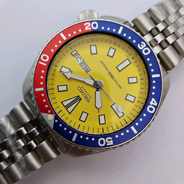 87' SEIKO 6309 7290 SS MENS DATE 724848 YELLOW PEPSI EU SHIP SERVICED WATCH NR