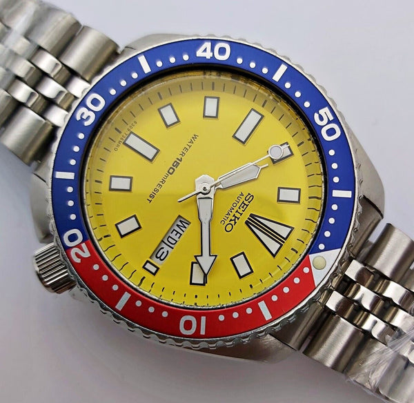 87' SEIKO 6309 7290 SS MENS DATE 724848 YELLOW PEPSI EU SHIP SERVICED WATCH NR